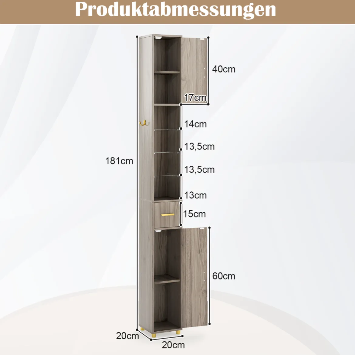 Badezimmerschrank mit Beleuchtung & Schublade & 3 Glasablagen Schmaler Badschrank Grau