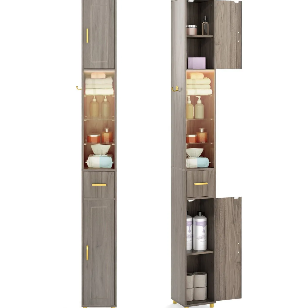 Badezimmerschrank mit Beleuchtung & Schublade & 3 Glasablagen Schmaler Badschrank Grau