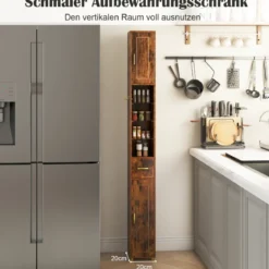 Badezimmerschrank mit Beleuchtung & Schublade & 3 Glasablagen Schmaler Badschrank Vintage