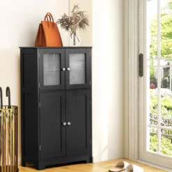 Badezimmerschrank mit Glastüren & verstellbarem Regal Badschrank Hochschrank Holz Schwarz