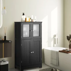 Badezimmerschrank mit Glastüren & verstellbarem Regal Badschrank Hochschrank Holz Schwarz