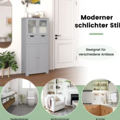 Badezimmerschrank mit 2 Glastüren 2 Schubladen und verstellbaren Regalen Grau