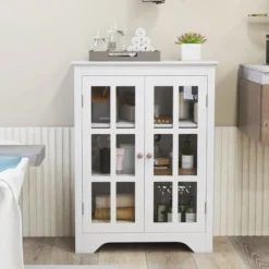 Badezimmerschrank mit 2 Glastüren & 2 Verstellbaren Ablagen Badschrank 60 x 30 x 80 cm Weiß