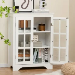 Badezimmerschrank mit 2 Glastüren & 2 Verstellbaren Ablagen Badschrank 60 x 30 x 80 cm Weiß