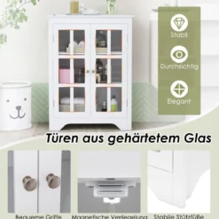 Badezimmerschrank mit 2 Glastüren & 2 Verstellbaren Ablagen Badschrank 60 x 30 x 80 cm Weiß