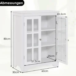 Badezimmerschrank mit 2 Glastüren & 2 Verstellbaren Ablagen Badschrank 60 x 30 x 80 cm Weiß