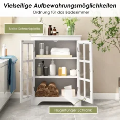 Badezimmerschrank mit 2 Glastüren & 2 Verstellbaren Ablagen Badschrank 60 x 30 x 80 cm Weiß