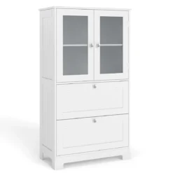 Badezimmerschrank mit 2 Schubladen & 2 Glastüren & Verstellbares Regal Hochschrank Weiß