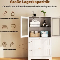 Badezimmerschrank mit 2 Schubladen & 2 Glastüren & Verstellbares Regal Hochschrank Weiß