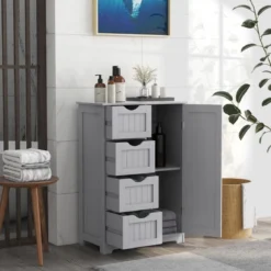 Badezimmerschrank mit 4 Schubladen & 1 Magnetischer Türverschluss Badschrank Grau