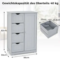 Badezimmerschrank mit 4 Schubladen & 1 Magnetischer Türverschluss Badschrank Grau