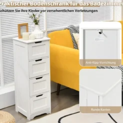Badezimmerschrank mit 4 Schubladen Aufbewahrungsschrank Badkommode 30 x 30 x 83 cm Weiß