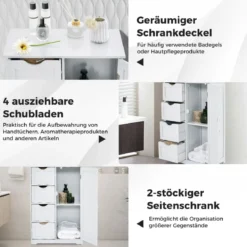 Badezimmerschrank mit 4 Schubladen & 1 Magnetischer Türverschluss Badschrank Weiß