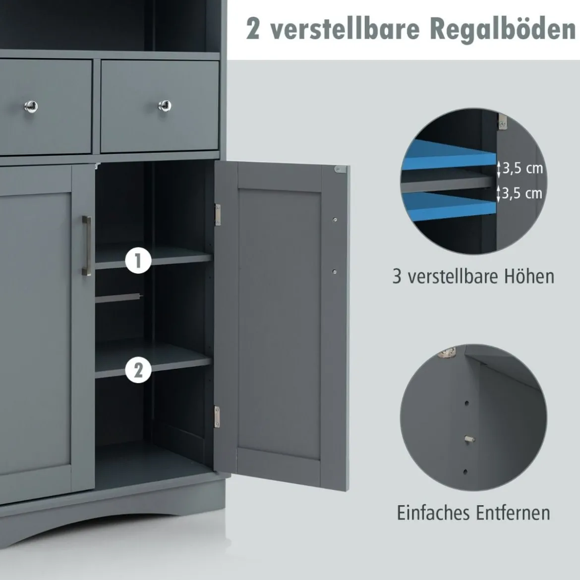 Badezimmerschrank mit 2 Schubladen & 2 Türen & Verstellbare Regalebene Beistellschrank Grau