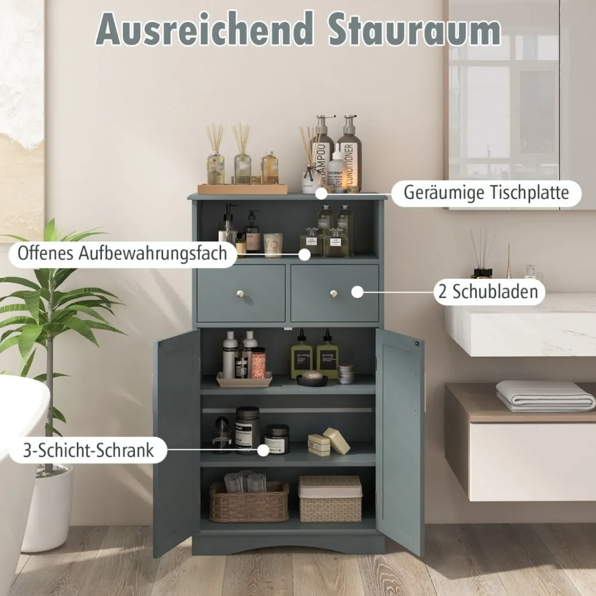 Badezimmerschrank mit 2 Schubladen & 2 Türen & Verstellbare Regalebene Beistellschrank Grau