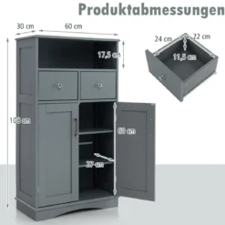 Badezimmerschrank mit 2 Schubladen & 2 Türen & Verstellbare Regalebene Beistellschrank Grau