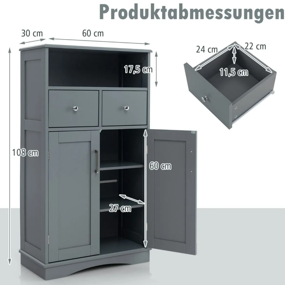 Badezimmerschrank mit 2 Schubladen & 2 Türen & Verstellbare Regalebene Beistellschrank Grau
