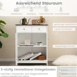 Badezimmerschrank mit 2 Schubladen 2 Türen & verstellbarem Regal moderner Aufbewahrungsschrank aus Holz Weiß