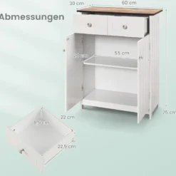 Badezimmerschrank mit 2 Schubladen 2 Türen & verstellbarem Regal moderner Aufbewahrungsschrank aus Holz Weiß