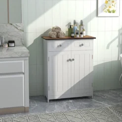Badezimmerschrank mit 2 Schubladen 2 Türen & verstellbarem Regal moderner Aufbewahrungsschrank aus Holz Weiß