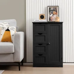 Badezimmerschrank mit 4 Schubladen & 1 Magnetischer Türverschluss Badschrank Schwarz