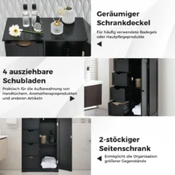 Badezimmerschrank mit 4 Schubladen & 1 Magnetischer Türverschluss Badschrank Schwarz