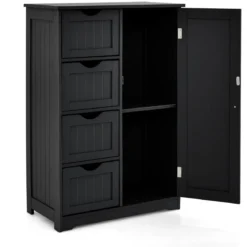 Badezimmerschrank mit 4 Schubladen & 1 Magnetischer Türverschluss Badschrank Schwarz