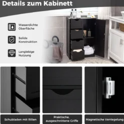 Badezimmerschrank mit 4 Schubladen & 1 Magnetischer Türverschluss Badschrank Schwarz