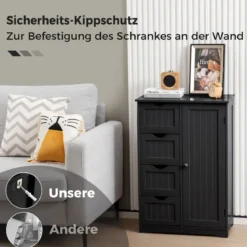 Badezimmerschrank mit 4 Schubladen & 1 Magnetischer Türverschluss Badschrank Schwarz