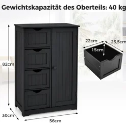 Badezimmerschrank mit 4 Schubladen & 1 Magnetischer Türverschluss Badschrank Schwarz