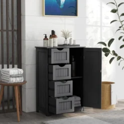 Badezimmerschrank mit 4 Schubladen & 1 Magnetischer Türverschluss Badschrank Schwarz