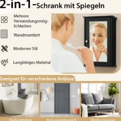 Badezimmerschrank mit Spiegel Medizinschrank mit verstellbarem Regal & Einzeltür Mehrzweck-Wandschrank Schwarz