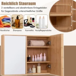 Badezimmerschrank mit Spiegel & Doppel-Türen & 2 Verstellbaren Regalen Bambus Spiegelschrank
