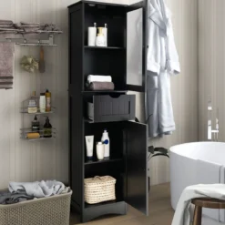 Badezimmerschrank mit 2 Türen & 1 Schublade Freistehender Hochschrank 40 x 30 x 170 cm