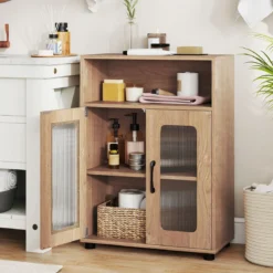 Badezimmerschrank mit 2 Türen & 3-stufig Verstellbarem Regal Freistehender Badschrank Natur