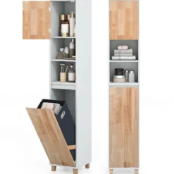 Badezimmerschrank mit Wäschekorb & 2 Offenem Fächern Holz Bad Hochschrank