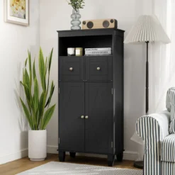 Badezimmerschrank moderner freistehender Aufbewahrungsorganizer mit Türen Schwarz