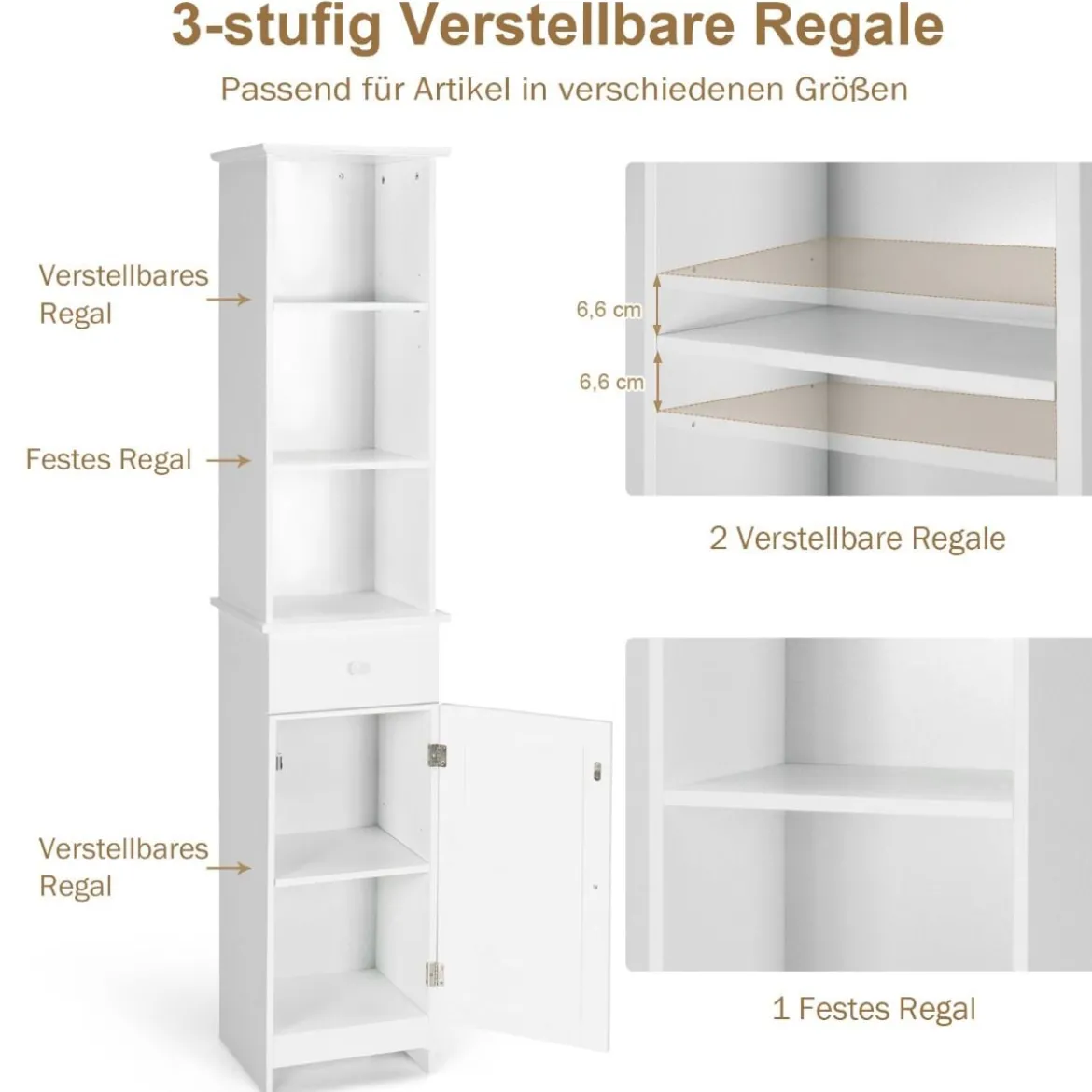 Badezimmerschrank Platzsparender Bodenorganisator mit 3-Stöckigem Regal Weiß