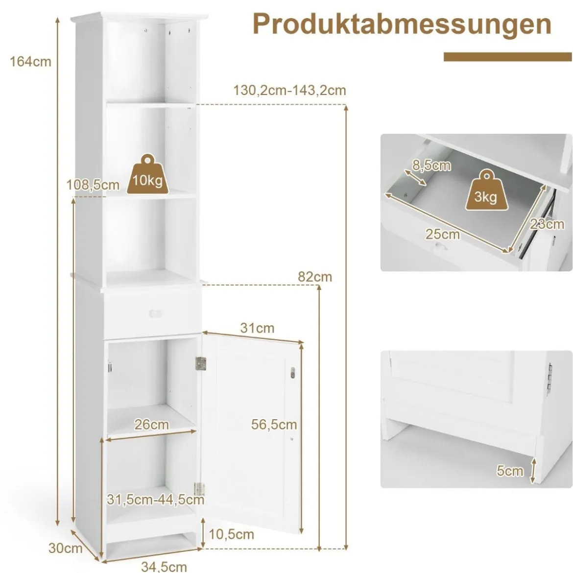 Badezimmerschrank Platzsparender Bodenorganisator mit 3-Stöckigem Regal Weiß