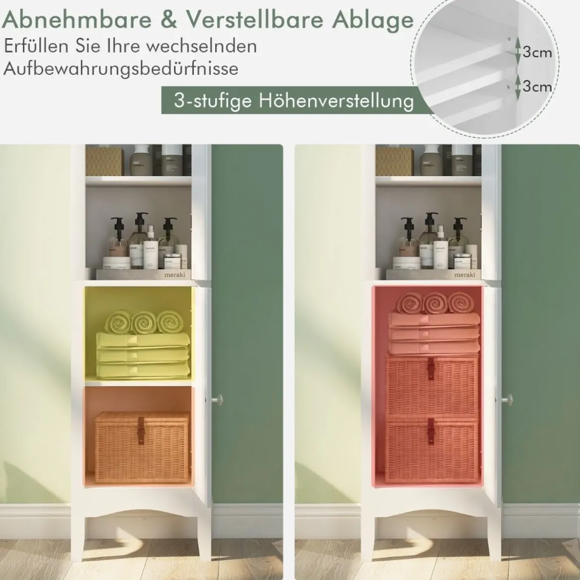 Badezimmerschrank Schmal Badschrank mit Verstellbarem Ablagen 38 x 33 x 160 cm Weiß