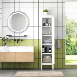 Badezimmerschrank Schmal Badschrank mit Verstellbarem Ablagen 38 x 33 x 160 cm Weiß