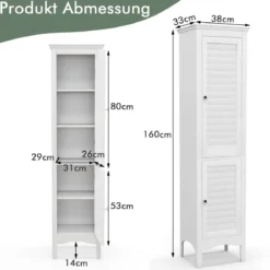 Badezimmerschrank Schmal Badschrank mit Verstellbarem Ablagen 38 x 33 x 160 cm Weiß