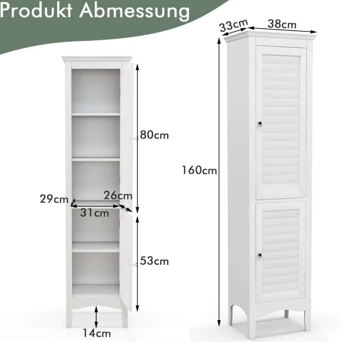 Badezimmerschrank Schmal Badschrank mit Verstellbarem Ablagen 38 x 33 x 160 cm Weiß