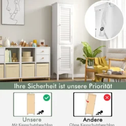 Badezimmerschrank Schmal Badschrank mit Verstellbarem Ablagen 38 x 33 x 160 cm Weiß