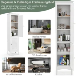Badezimmerschrank Schmal Badschrank mit Verstellbarem Ablagen 38 x 33 x 160 cm Weiß