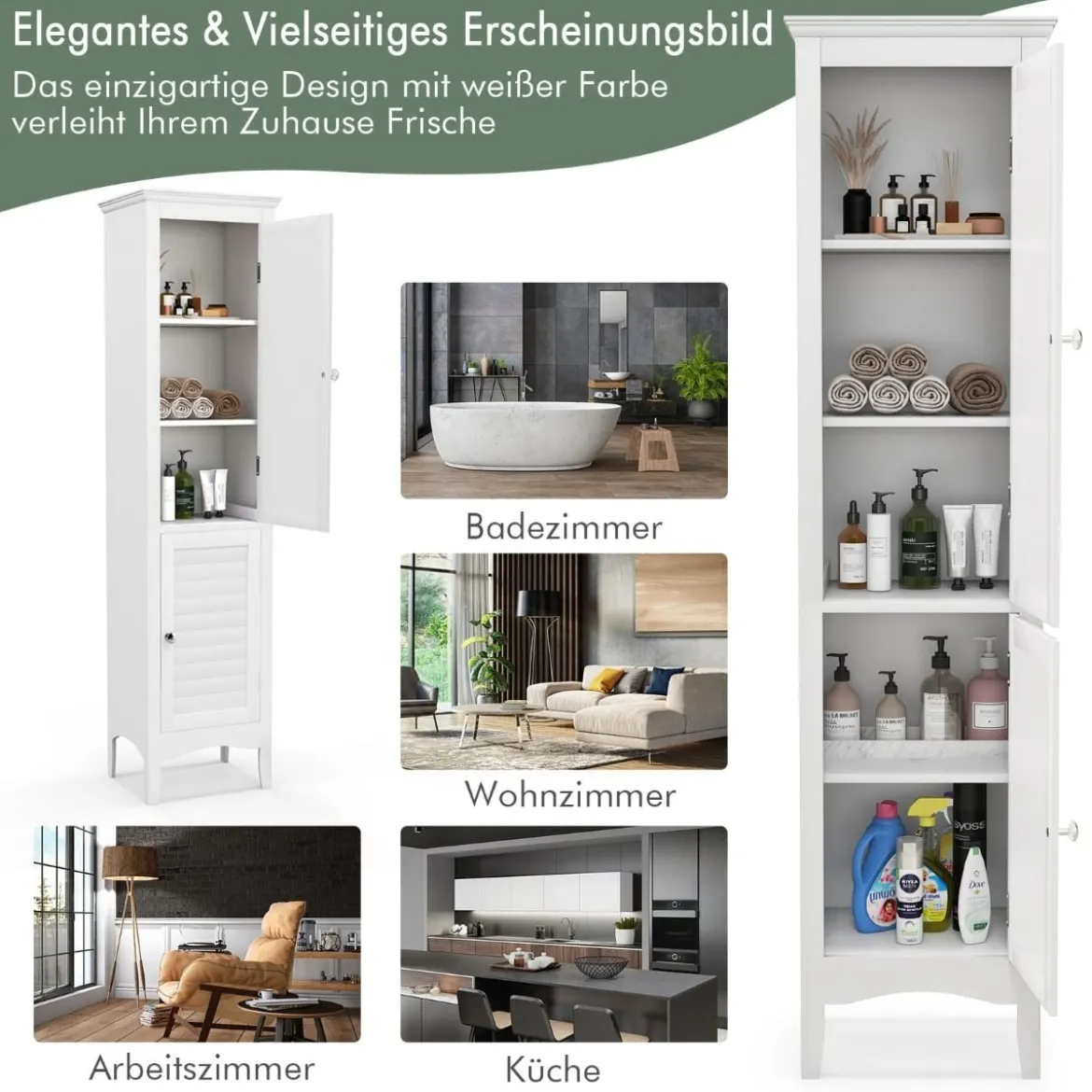 Badezimmerschrank Schmal Badschrank mit Verstellbarem Ablagen 38 x 33 x 160 cm Weiß