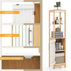 Badezimmerschrank schmal mit Lamellentür und verstellbarem Regal Badschrank Bambus Natur
