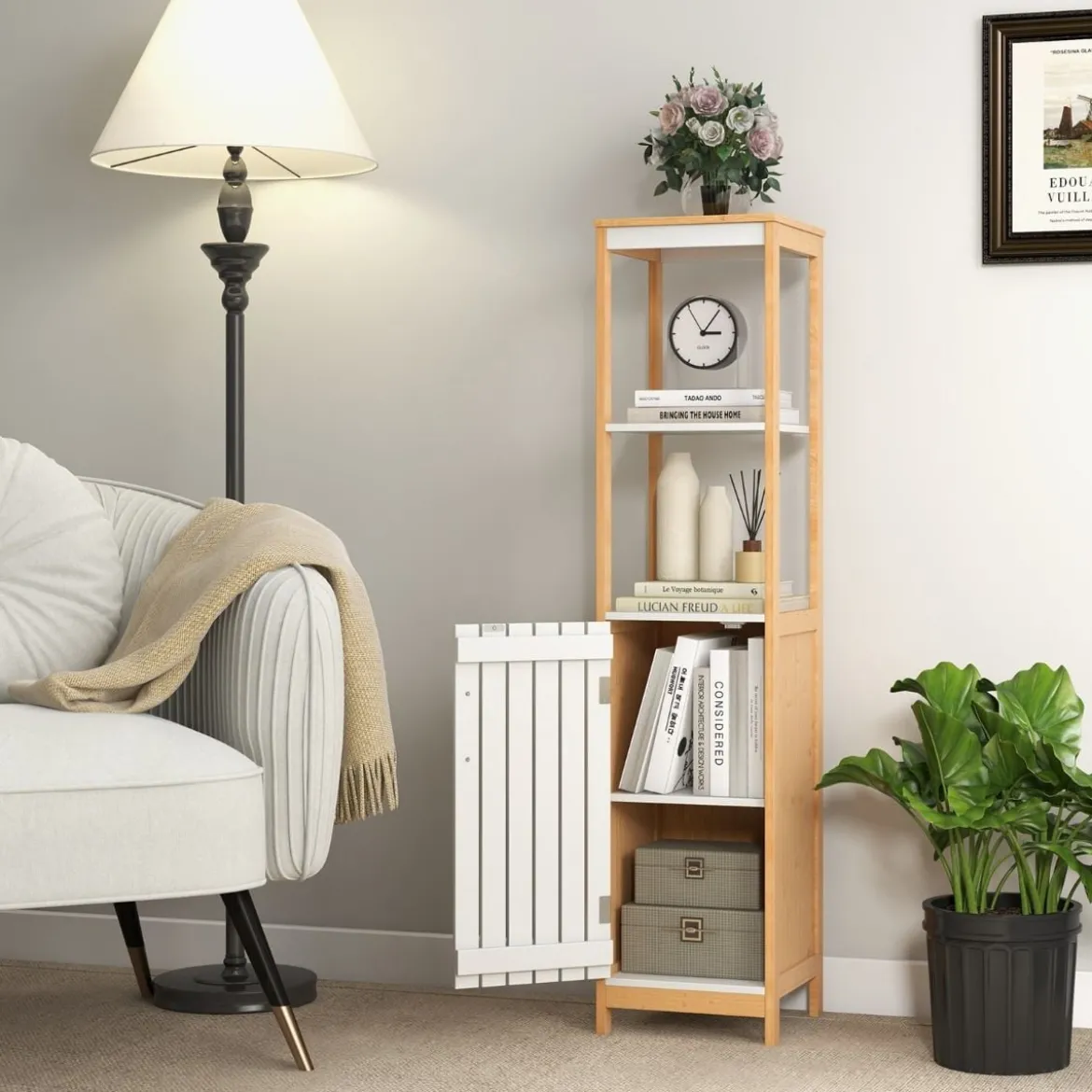 Badezimmerschrank schmal mit Lamellentür und verstellbarem Regal Badschrank Bambus Natur