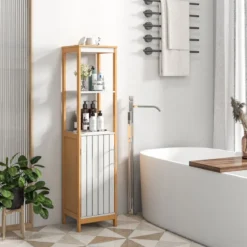 Badezimmerschrank schmal mit Lamellentür und verstellbarem Regal Badschrank Bambus Natur