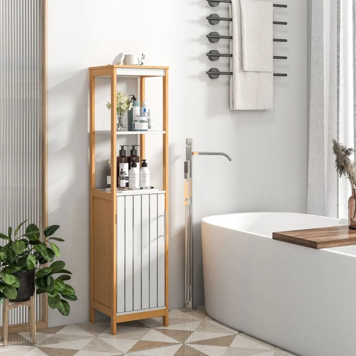Badezimmerschrank schmal mit Lamellentür und verstellbarem Regal Badschrank Bambus Natur
